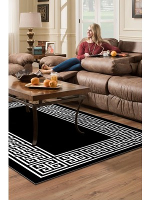 Dekoreko Dijital Salon Halısı Yıldız Deri Kaymaz Taban Modern Penelope Siyah