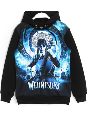 DobaKids Kız Çocuk Wednesday Addams 3 Ip Şardonlu Kışlık Kapüşonlu 3D Baskılı Hoodie Sweatshirt