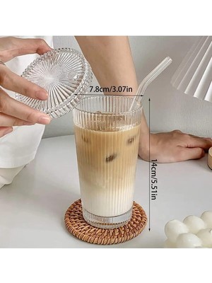 UCR Home 2li Set Pinterest Model Origami Çizgili Mika Kapaklı Cam Pipetli Bardak