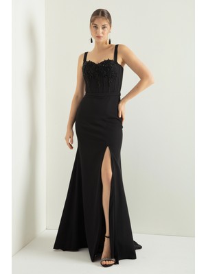 Lafaba Kadın Siyah Taşlı Balen Korse Yırtmaçlı Uzun Saten Abiye