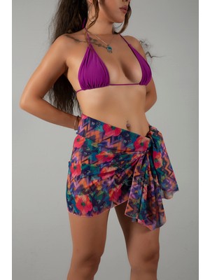 Mina Carin Kadın Tül Pareo Belden Bağlamalı Kadın Plaj Elbisesi Çiçek Desenli