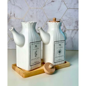 PEMBELİA LİFE Bambu Standlı 2'li Etiketli Kare Porselen 1000ML Yağdanlık Set Takım