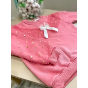 Lolli Boom Kids  Kız Çocuk Fiyonk Kurdela Detay Organze Tül Kol Mini Kalpler Detaylı Sweatshirt 3 Iplik Pudra Pembe Renk