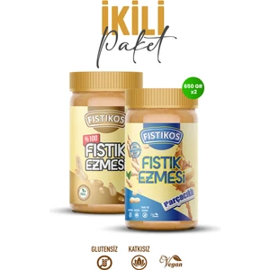 %100 Şekersiz ve Tatlı Parçacıklı 2'li Yer Fıstığı Ezmesi Paketi 650G X2