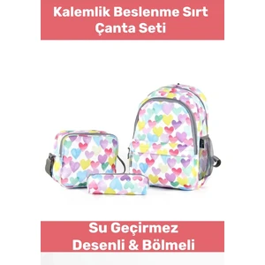 Fermuarlı Geniş 1.kalite Su Geçirmez Desenli Bölmeli Üçlü Okul Kalemlik Beslenme Sırt Çanta Seti