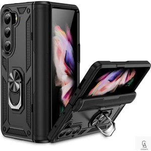 Samsung Z Fold 5 ile Uyumlu Kılıf Tam Koruma Yüzüklü Standlı Tank Gövdeli Telefon Kılıfı Kapak Siyah