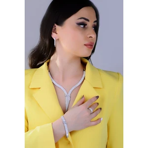 Barış Takı 925 Ayar Gümüş Salkım 5 Sıra Kemer Su Yolu Bayan Düğün Seti Kolye,bileklik,küpe,yüzük