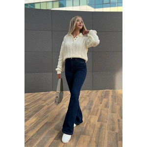 Defne Lacivert Ispanyol Paça Flare Jean Kadın Toparlayıcı Power Likra Toparlayıcı(Tam Kalıp)