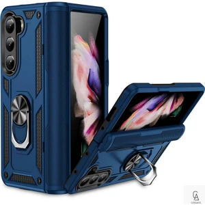 Samsung Z Fold 5 ile Uyumlu Kılıf Tam Koruma Yüzüklü Standlı Tank Gövdeli Telefon Kılıfı Kapak Mavi