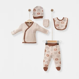 Ayıcık Baskılı  Pamuklu Kahverengi - Bej Unisex Bebek 5’li Hastane Çıkış Seti