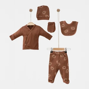 Kahverengi ve Ayıcık Baskılı  Pamuklu Unisex Bebek 5’li Hastane Çıkış Seti