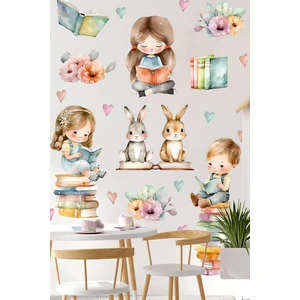 Kitap Okuyan Çocuklar Duvar Cam Sticker Seti, Çocuklar Tavşanlar ve Kalpler Sticker Seti