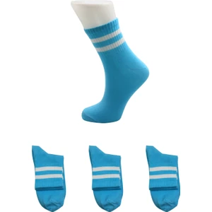 Kardeşler Çorap Unisex Renkli Beyaz 2 Çizgili Mavi Yarım Konç Tenis Çorap Kolej 3'lü Paket