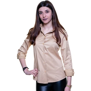 Exve Exclusive Bej Vizon Rengi Basic Sade Tek Renk Uzun Kollu Kadın Gömlek