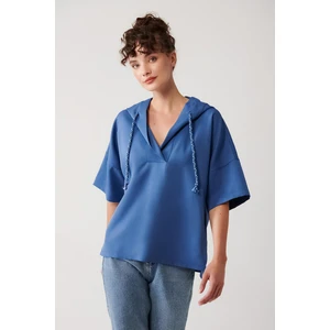 Muni Muni Düz Kordon Detaylı Kapüşonlu Sweatshirt-Indigo
