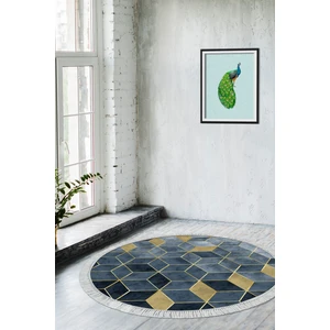 Dijital Salon Halısı Trend Keçe Kaymaz Taban Saçaklı Yuvarlak Iskandinav Stephania Mavi