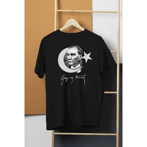Atatürk Gazi Mustafa Kemal 10 Kasım Türk Bayrağı Baskılı Siyah T-Shirt Unisex Tişört