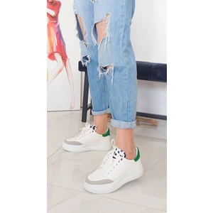 Gdt Ayakkabı Beyaz Arka Yeşil Ayrıntılı Bağcıklı Düz Taban Kadın Spor Ayakkabı
