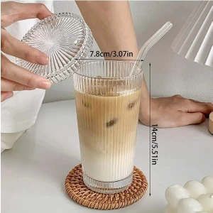 UCR Home 2li Set Pinterest Model Origami Çizgili Mika Kapaklı Cam Pipetli Bardak