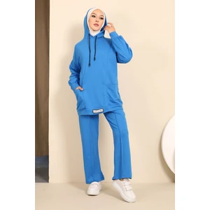 Saks Mavi Önü Etiketli İki İplik Tesettür Takım