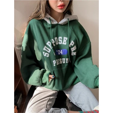 Trendseninle Kadın Yeşil Suppose Baskılı Oversize