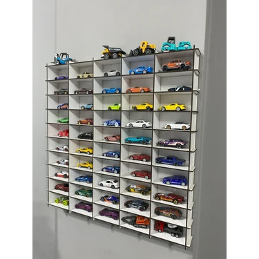 Refason Desing Ahşap Araba Rafı 50'li Beyaz Renk (Hotwheels ve Matcbox Arabaları Için