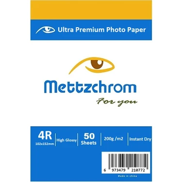 Mettzchrom Fotoğraf Kağıdı Hp Epson Canon Uyumlu 50 Sayfa 10X15 (Kartpostal Ölçü) 200G Parlak