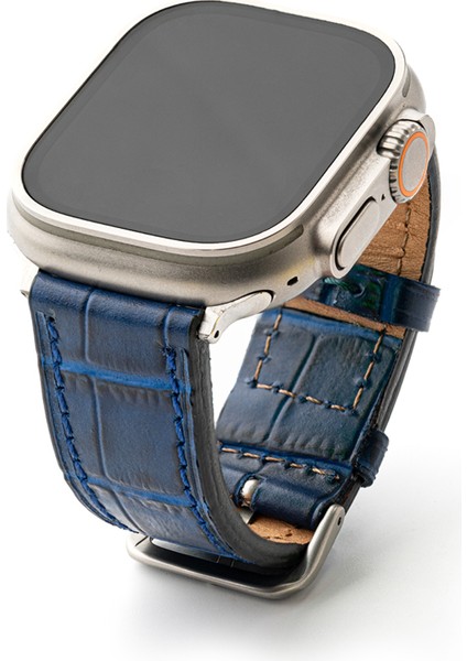 Lesband Leather crocco Mavi Gerçek Deri Apple Watch Kordon Seri 1-8, Se, Ultra ve Ultra 2 ile Uyumlu