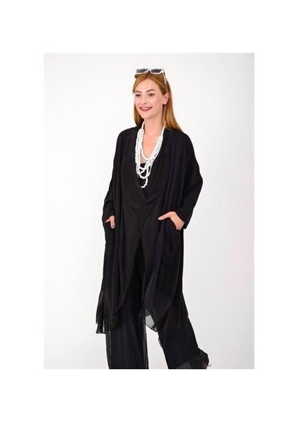Italyan Ipek Detaylı Oversize Kap Bluz- Wes Pantolon Takım