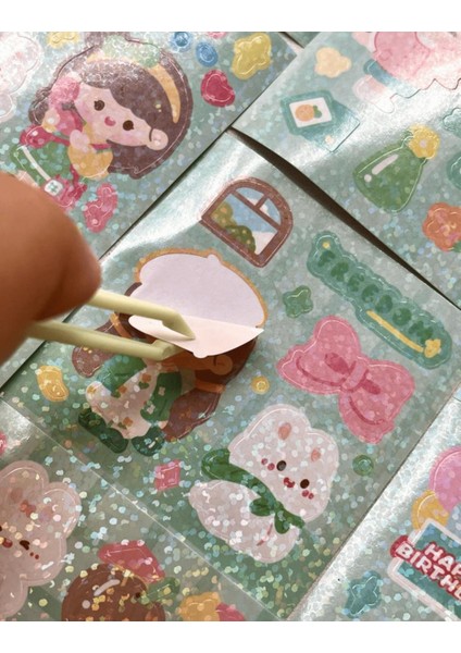 Sevimli Kız ile Kendi Anahtarlığını Tasarla 58 Parça Yeşil Sticker Seti/ Anahtarlık / Bullet Journal/Etiket/Çıkartma modelleri