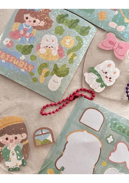 Sevimli Kız ile Kendi Anahtarlığını Tasarla 58 Parça Yeşil Sticker Seti/ Anahtarlık / Bullet Journal/Etiket/Çıkartma indirimleri