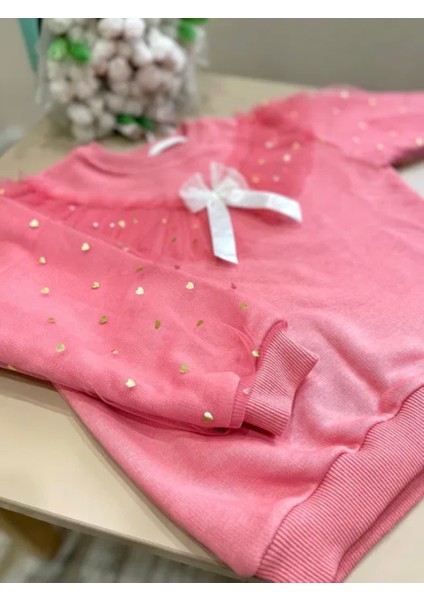 Kız Çocuk Fiyonk Kurdela Detay Organze Tül Kol Mini Kalpler Detaylı Sweatshirt 3 Iplik Pudra Pembe Renk