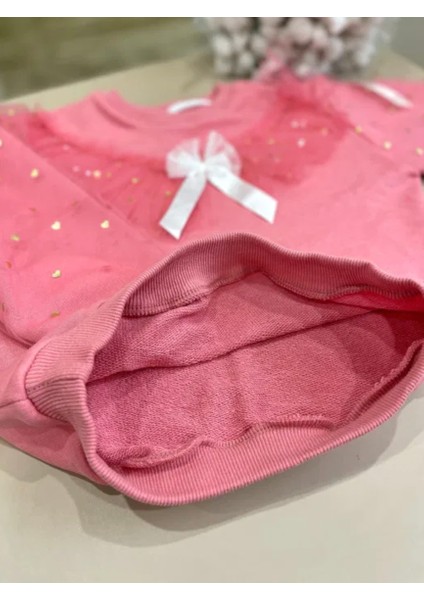 Kız Çocuk Fiyonk Kurdela Detay Organze Tül Kol Mini Kalpler Detaylı Sweatshirt 3 Iplik Pudra Pembe Renk modelleri