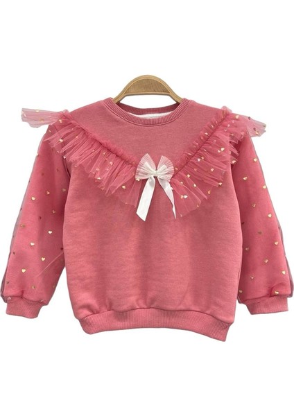 Kız Çocuk Fiyonk Kurdela Detay Organze Tül Kol Mini Kalpler Detaylı Sweatshirt 3 Iplik Pudra Pembe Renk fırsatları