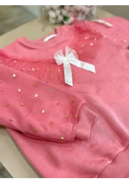 Kız Çocuk Fiyonk Kurdela Detay Organze Tül Kol Mini Kalpler Detaylı Sweatshirt 3 Iplik Pudra Pembe Renk fiyatları