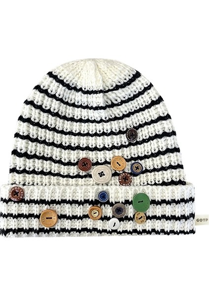 Kızlar Sonbahar ve Kış Çizgili Sıcak Düğmeli Örme Şapka (Yurt Dışından)