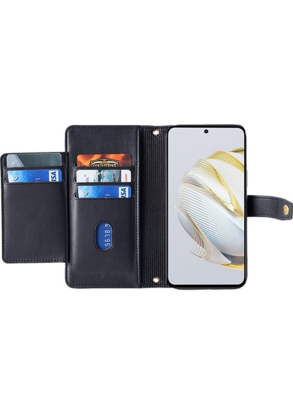Huawei Enjoy 60 Pro / Nova 11I Telefon Kabuğu, Fermuarlı Cebi Çoklu Kart Yuvaları Askılı Deri Flip Case (Yurt Dışından)