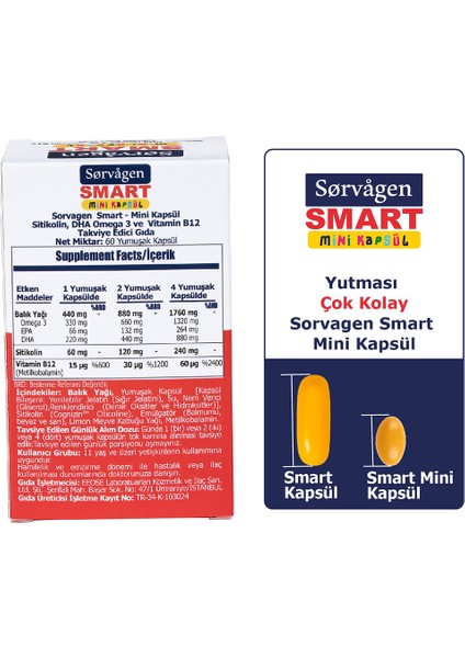 Smart Mini Kapsül Sitikolin, Dha Omega 3 ve B12 - 60 Kapsül