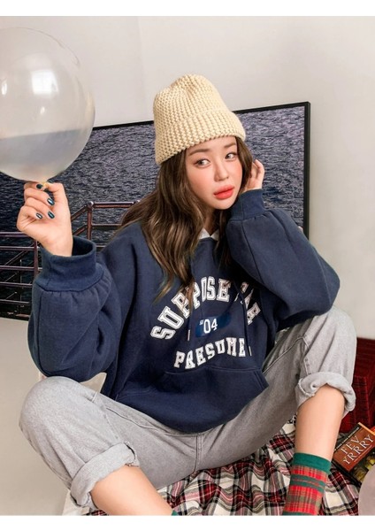 Kadın Lacivert Suppose Baskılı Oversize Sweatshirt modelleri