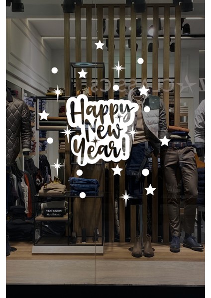 Yıldızlı Süslemeli Sarkıt Happy New Year Yazısı Yeni Yıl Vitrin Cam Sticker