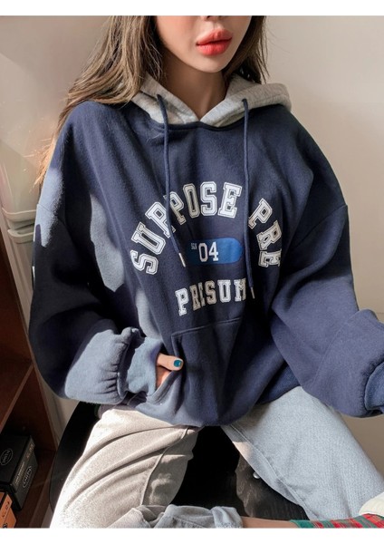 Kadın Lacivert Suppose Baskılı Oversize Sweatshirt