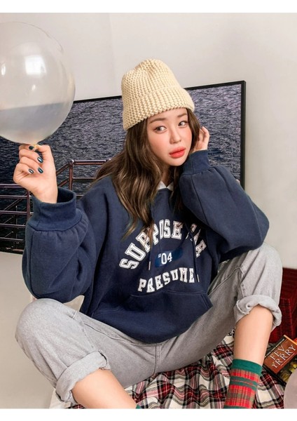 Kadın Lacivert Suppose Baskılı Oversize Sweatshirt