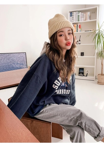 Kadın Lacivert Suppose Baskılı Oversize Sweatshirt