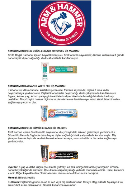 Arm & Hammer Arm & Hammer100 Kömür Beyazlık Diş Macunu +  Advance Whıte Pro Diş Macunu