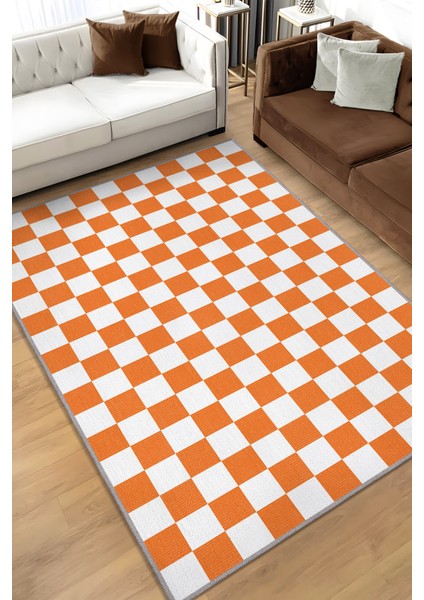 Minimalist Damalı Turuncu Beyaz Halı Kareli Oturma Odası Halısı Retro Tarzı Salon Halısı