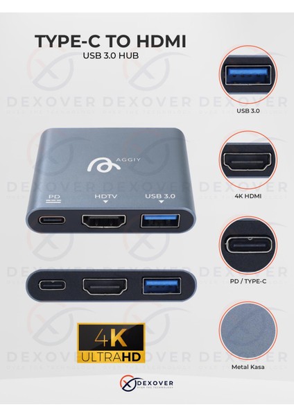 Type-C To Hdmı Adaptör Usb-C Adaptör+ USB 3.0 Hub