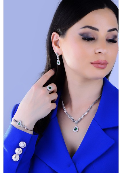 925 Ayar Gümüş Hürrem Pırlanta Montür Su Yolu Kolye - Bileklik - Küpe - Yüzük Seti