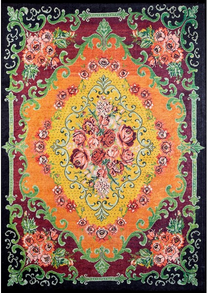 Kaspiysk Siyah Çiçekli Polyester Dijital Baskı Halı