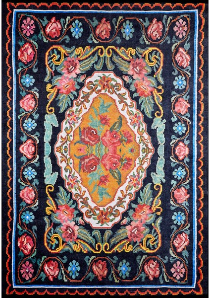 Lisva Siyah Çiçekli Polyester Dijital Baskı Halı