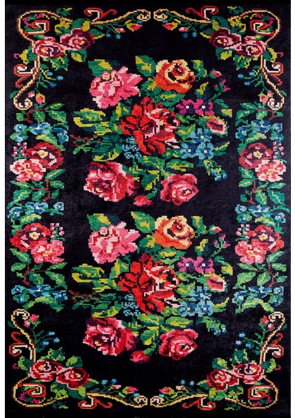 Votkinsk Siyah Çiçekli Polyester Dijital Baskı Halı